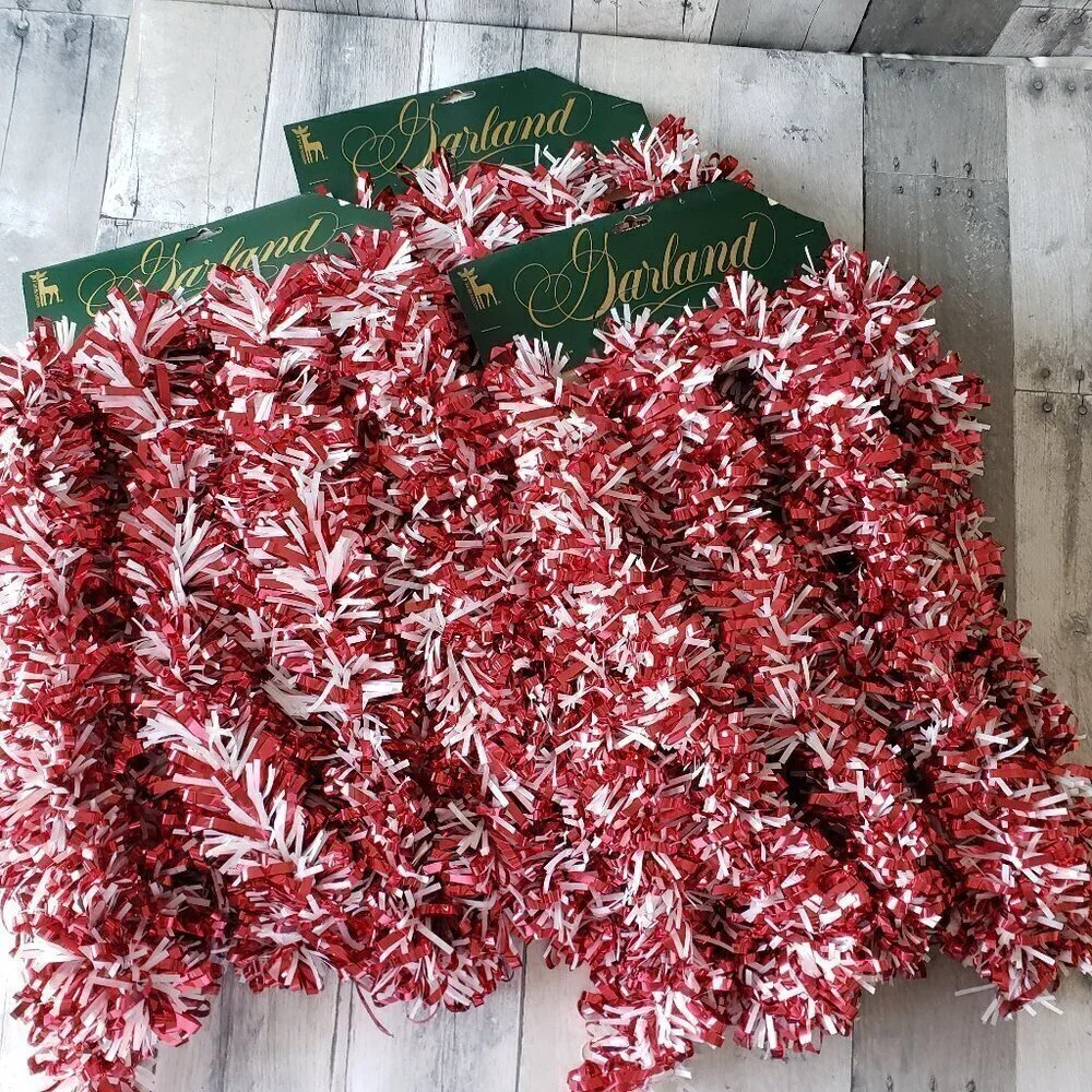 Lot of 3 Curly Red Metallic and White Holiday Garland 36ft